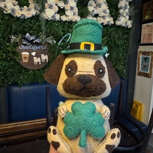 Handmade Felt Pug Plush Toy with Green Shamrock and Hat